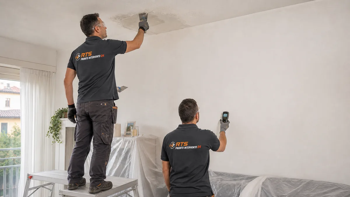 Scena illustrativa di tecnici RTS durante la verifica e il ripristino di un soffitto con infiltrazione