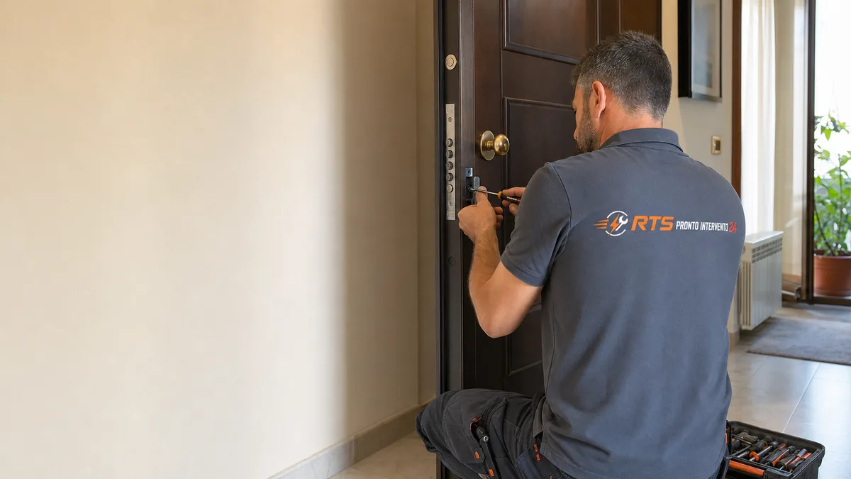 Scena illustrativa di un tecnico RTS durante la sistemazione della serratura di una porta blindata