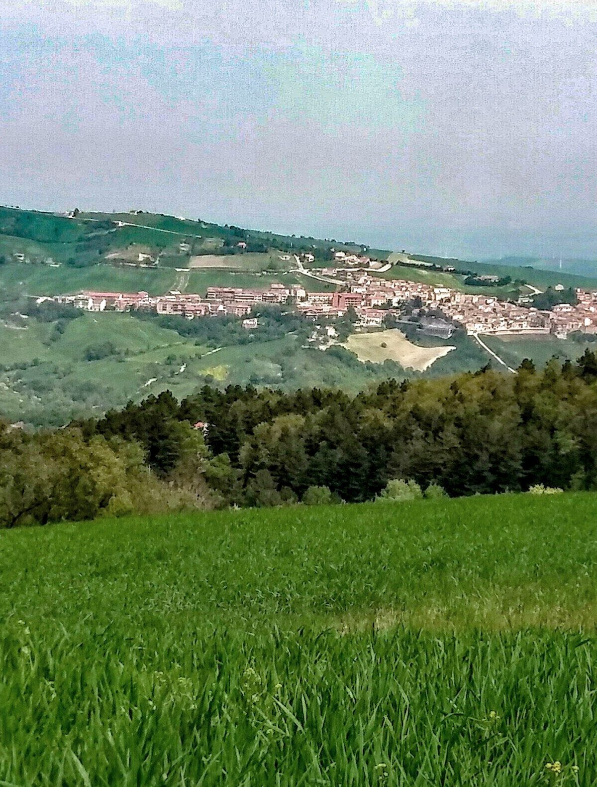 Il borgo di Castelluccio Valmaggiore ripreso tra i campi e i boschi dei Monti Dauni